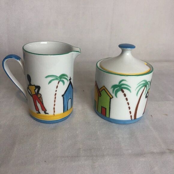Creamer and Sugar Set Hand Painted Signed.      P1 - Picture 1 of 7